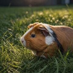 A guinea pig nestled in soft grass, nibbling on a blade.