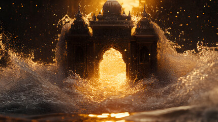Overwhelm: The Fusion of Nature's Power and Artistry in a Luminous Tide Cascading Over an Ornate Structure