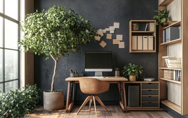 Fototapeta premium Creative Work Niche A modern tree in a bright work-from-home niche with trendy furniture and organized accessories