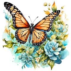 Fototapeta premium Watercolor illustration portrait of a colorful butterfly insect animal with flowers on isolated white background. 