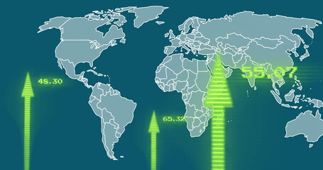Image of arrows and data processing over world map