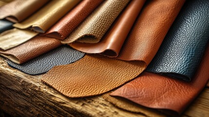 An exquisite array of leather pieces showcases rich textures and warm tones, elegantly draped over a wooden surface, highlighting the craftsmanship and variety of this luxurious material.