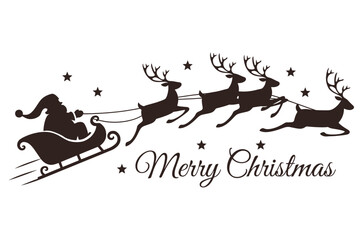 Silhouette of Santa Claus with reindeer sleigh, Merry Christmas silhouette Santa banner with festive decoration