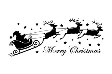 Silhouette of Santa Claus with reindeer sleigh, Merry Christmas silhouette Santa banner with festive decoration