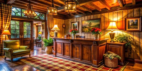 Naklejka premium Vintage Style Photography of a Cozy Check-In Experience at a Quaint Inn with Rustic Decor, Warm Lighting, and a Welcoming Atmosphere for Travelers Seeking Comfort