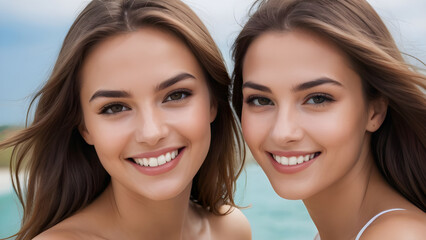 Two smiling brunette women showing perfect white teeth