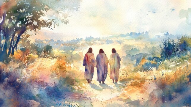 watercolor illustration of Jesus walking with two disciples on the road to Emmaus after His resurrection. The scene is filled with soft, warm hues of the countryside, conveying peace and revelation