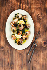 Baked snails in sauce, snail butter.