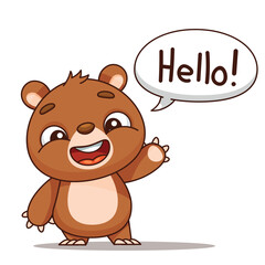 An adorable cartoon bear waving cheerfully with a friendly Hello expression, perfect for engaging kids content
