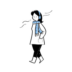 Woman Walking in Winter Outfit, Minimalist Notion Style Illustration