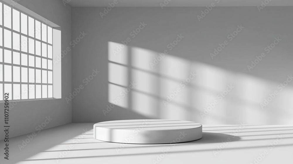 Aufkleber Empty minimalist studio with circular podium and soft sunlight filtering through window product mockup display