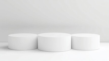 Three minimalistic white display podium stage stands on clean background