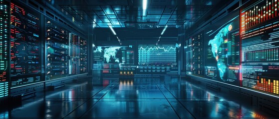 A futuristic control room with illuminated screens displaying data, maps, and graphs, set in a high-tech environment.