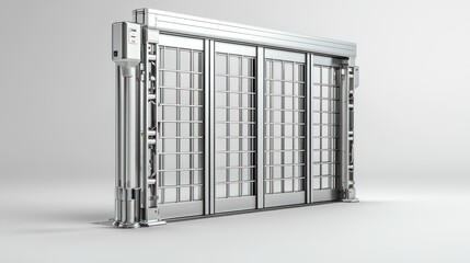 A sleek, modern sliding door with metal frames and glass panels, designed for contemporary architectural spaces.
