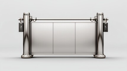 A sleek, modern metallic gate with a minimalist design, featuring a horizontal panel and robust structural elements.