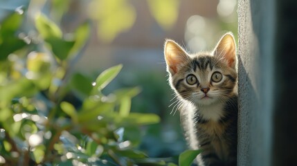 A curious kitten peeking around a textured wall. Its bright eyes and soft fur are illuminated by warm sunlight, conveying an aura of innocence and playfulness.