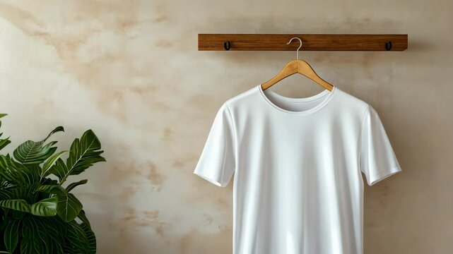 A white shirt hanging on a wooden rack. The shirt is hanging from a hook on the wall