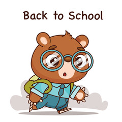 An adorable bear character wearing glasses and a backpack is feeling excited about going back to school