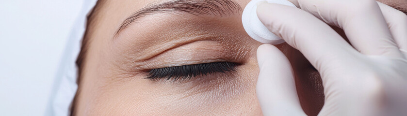 Surgery eyelid rejuvenation concept. A close-up view of a person"s eye being gently cleaned, highlighting skincare and attention to beauty routines.