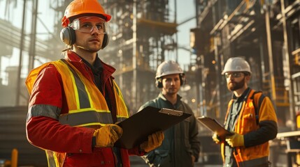 Workers wearing safety helmets and reflective gear, engaged in a site activity. They hold clipboards, reflecting a focus on teamwork and safety in a bustling industrial environment.