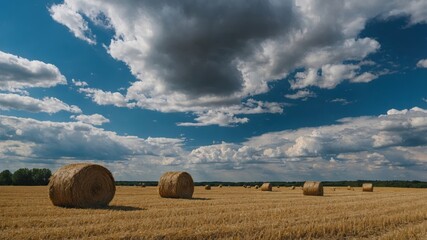Haystack in a field under cloudy blue sky