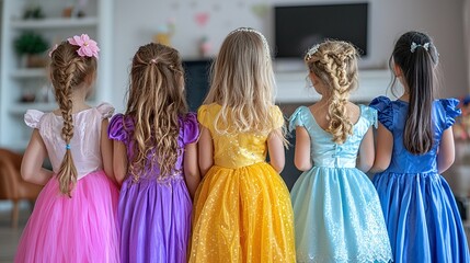 Little girl dressing up in princess costumes with friends. - obrazy, fototapety, plakaty