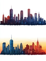 Fototapeta premium Daytime cityscape set. Morning sunrise, day, evening sunset and night city skyline landscape with town skyscraper building architecture silhouette vector illustration isolated on white background