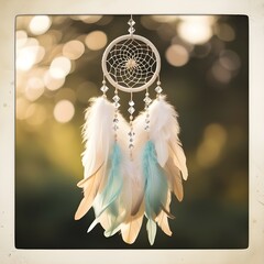 Fototapeta premium A dreamcatcher adorned with white and blue feathers hangs gracefully, capturing the light softly. Intricate beadwork enhances its delicate design, creating a calming atmosphere.