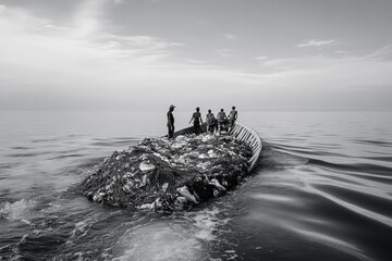 Fishermen navigate a small wooden boat filled with plastic waste and fishing nets, emphasizing the urgent problem of ocean pollution and its effect on marine ecosystems