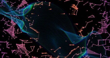 Image of light trails and data processing over black background