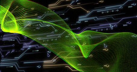 Image of light trails, circuit board and data processing over black background