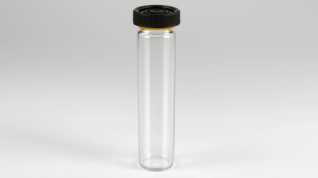 Clear glass test tube with black screw cap isolated on light background