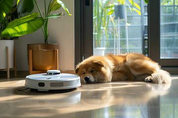 Fluffy dog resting near robotic vacuum in sunny room