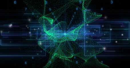 Image of light trails and data processing over black background