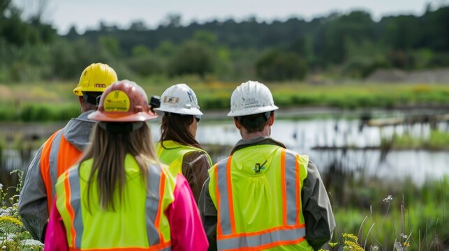 A team of environmental monitors onsite ensuring that all construction activities are in compliance with local wetland preservation regulations.