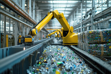 Yellow robotic arms are sorting plastic waste on a conveyor belt inside a recycling plant, improving efficiency and promoting environmental sustainability