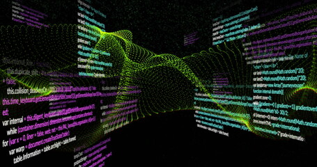 Image of light trails and data processing over black background