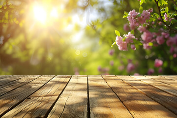 Sunlit wooden table with blossoming flowers and greenery in a spring garden
