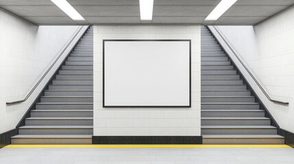 Fototapeta premium A minimalist subway station with two staircases leading up to a blank advertisement wall, offering an open and spacious feel.
