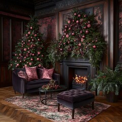 Dark red Christmas decor in a luxurious living room with velvet furniture, fireplace, and two decorated Christmas trees.