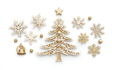 Fototapeta premium Decorative wooden Christmas tree and ornaments in a festive arrangement for holiday celebrations