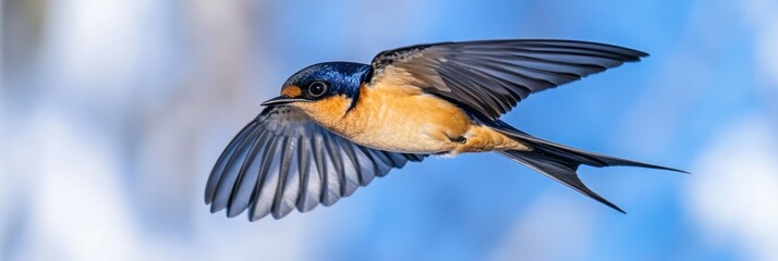 Obraz premium A swallow in flight, showcasing its wings against a blurred blue background.