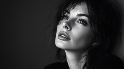 Fototapeta premium A close-up, monochrome portrait of a woman gazing thoughtfully, exuding emotion and depth.