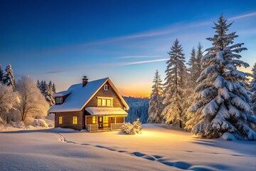 Obraz premium Serene Winter Retreat: A Charming House Nestled in a Snowy Landscape Under a Clear Blue Sky, Perfectly Positioned for a Cozy Atmosphere and Tranquil Vibes in Nature