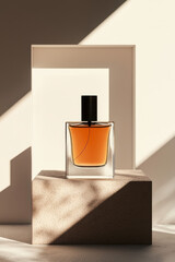 Exquisite Perfume Bottle Displayed in Minimalist Setting Illuminated by Artistic Shadows and Natural Elegance