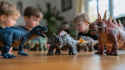 Children playing with toy dinosaurs.