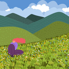 A beautiful woman sits in the mountains. Vector illustration