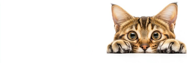 Obraz premium A curious cat peeks over a surface, showcasing its large eyes and playful demeanor.