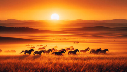 A panoramic view of golden grasslands at sunset with wild horses galloping in harmony, their silhouettes blending into the warm glow of the setting sun.