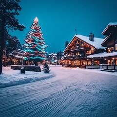 Fototapeta premium Illuminated Christmas tree in snowy village square at night.